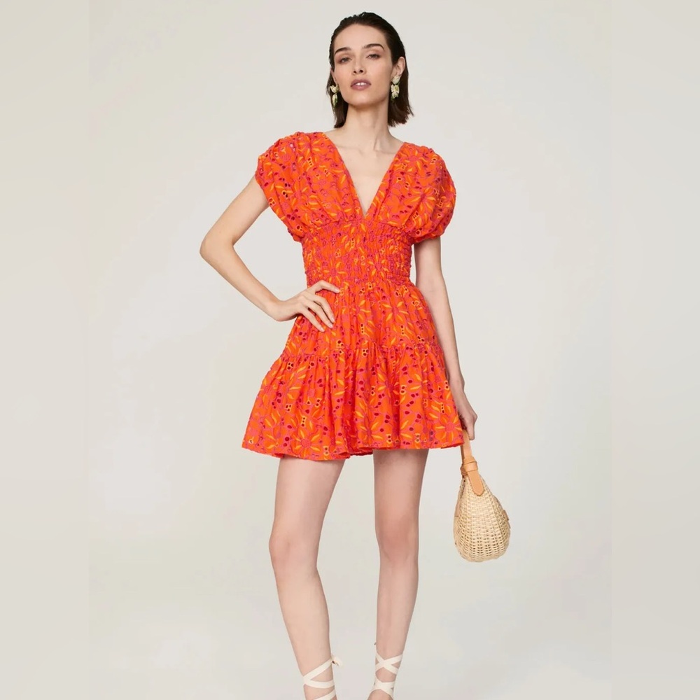 Waimari Frida Orange Pink Eyelet Puff Sleeve Mini Dress XS